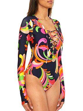 Trina Turk Poolside Swirl Long Sleeve Lace-Up Paddle Swimsuit in Multi